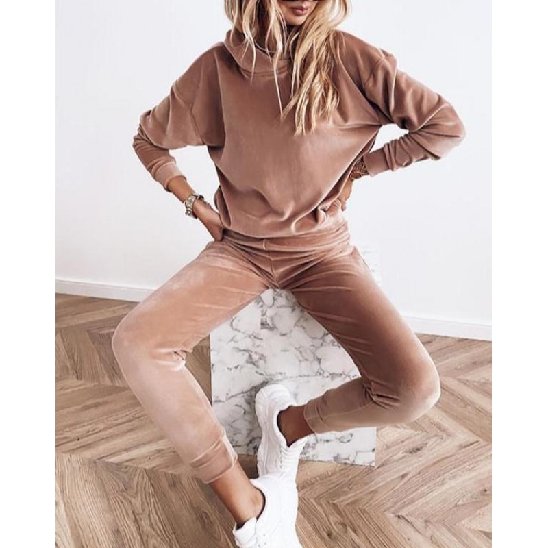 Attractive Plain Long Sleeve Hoodie Lounge Set