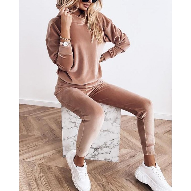 Attractive Plain Long Sleeve Hoodie Lounge Set