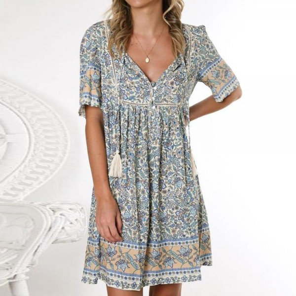 Attractive Tassel V-Neck Short Sleeve Printed Mini Dress