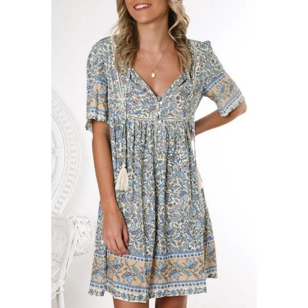 Attractive Tassel V-Neck Short Sleeve Printed Mini Dress