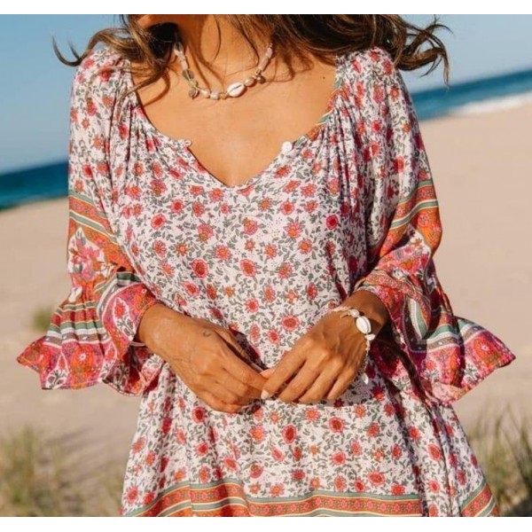 Attractive V-Neck Bell Sleeve Floral Mini Dress