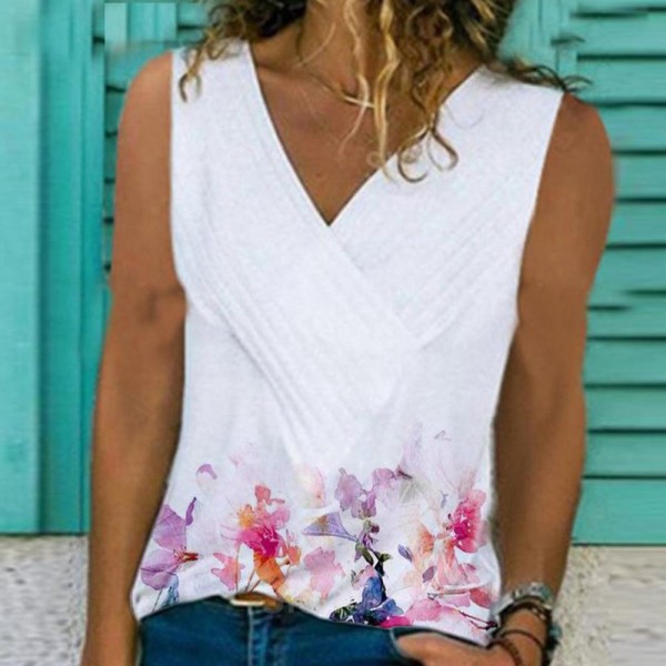 Basic Simple V-Neck Sleeveless Printed Top