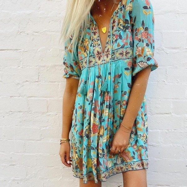 Boho Print 3/4 Sleeve Tassel Mini Dress