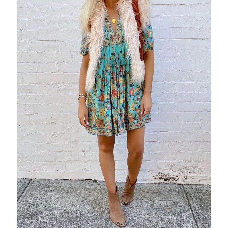 Boho Print 3/4 Sleeve Tassel Mini Dress