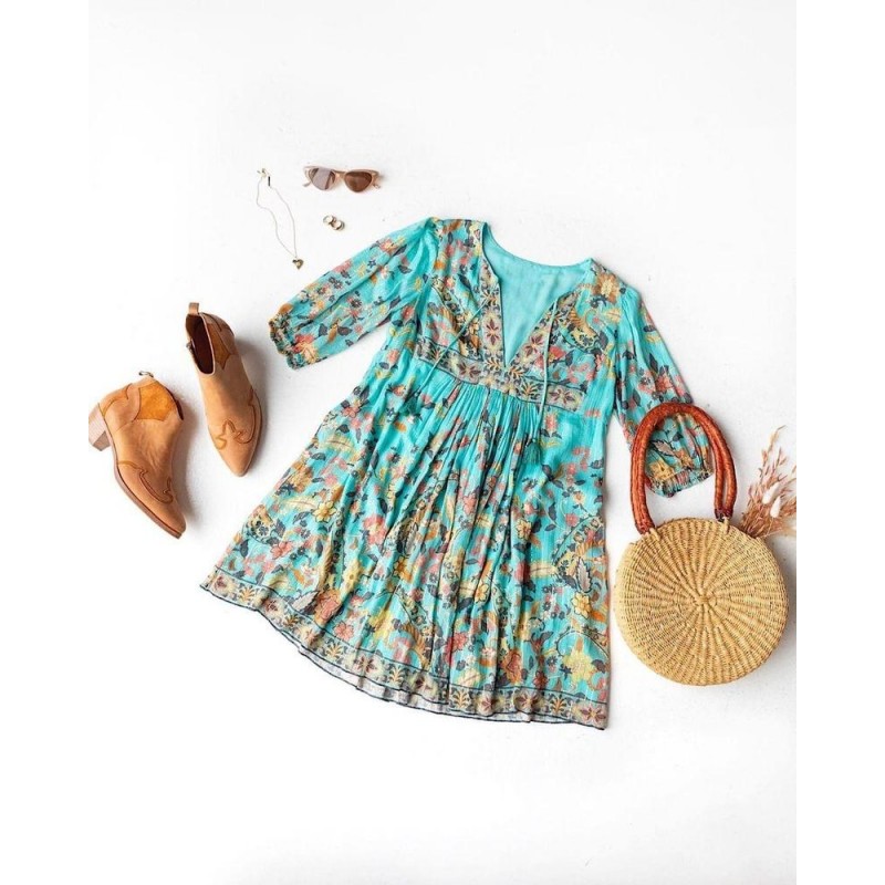 Boho Print 3/4 Sleeve Tassel Mini Dress