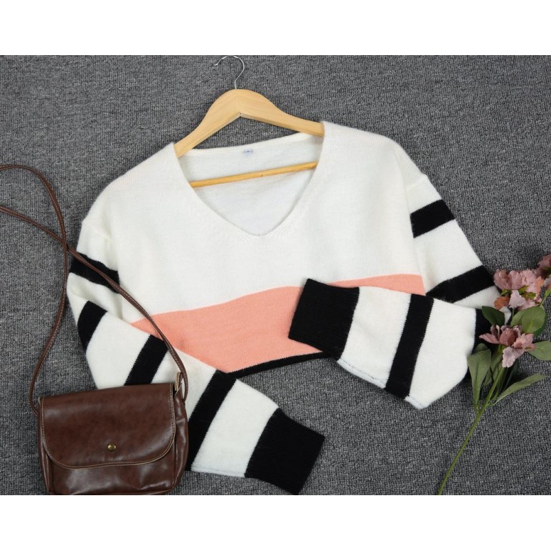 Casual Color Block V-Neck Long Sleeve Sweater