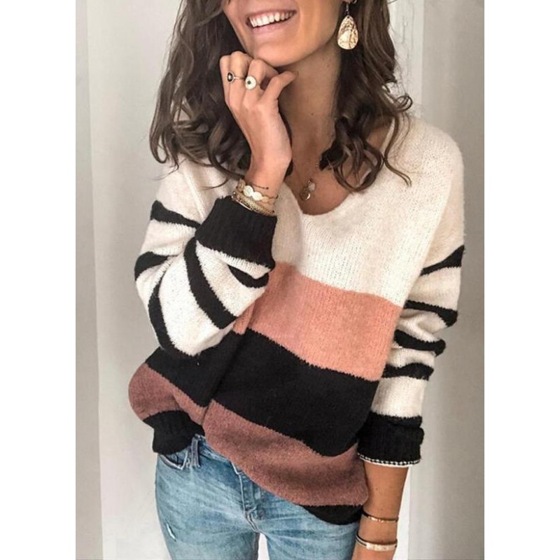 Casual Color Block V-Neck Long Sleeve Sweater