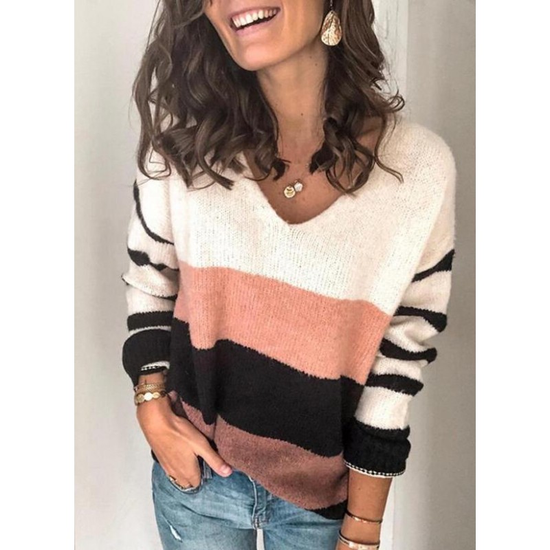 Casual Color Block V-Neck Long Sleeve Sweater