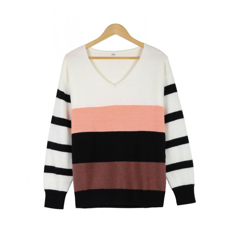 Casual Color Block V-Neck Long Sleeve Sweater