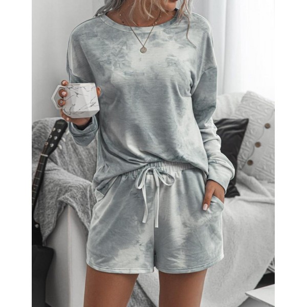 Casual Grey Round Neck Loose Top And Drawstring Lounge Shorts Set