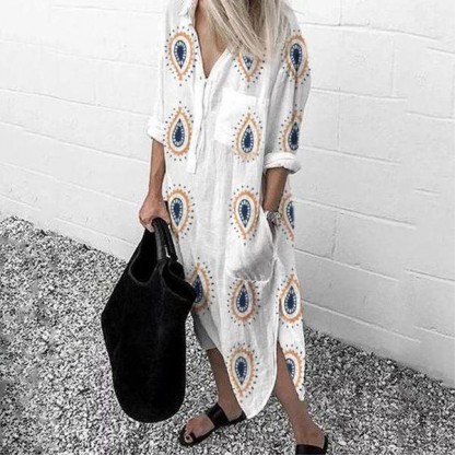 Casual V-Neck 3/4 Sleeve Loose Printed Maxi Dress