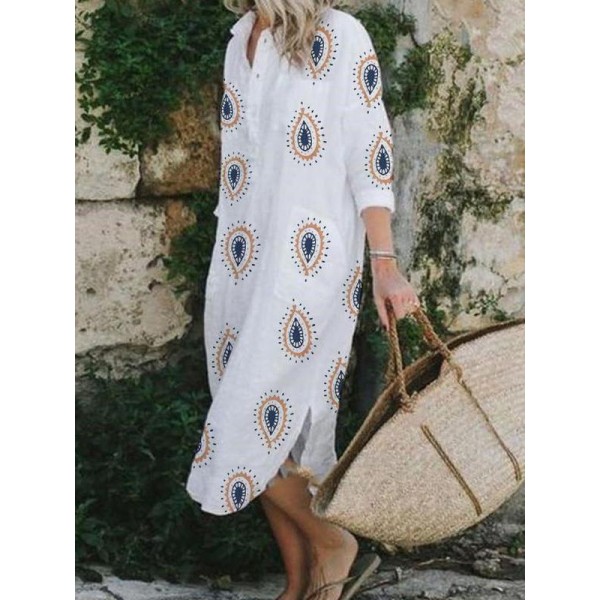 Casual V-Neck 3/4 Sleeve Loose Printed Maxi Dress