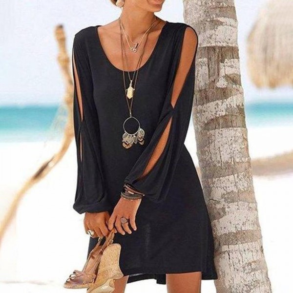 Chic Black U-Collar Side Cut Out Long Sleeve Mini Dress