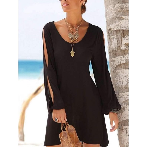 Chic Black U-Collar Side Cut Out Long Sleeve Mini Dress