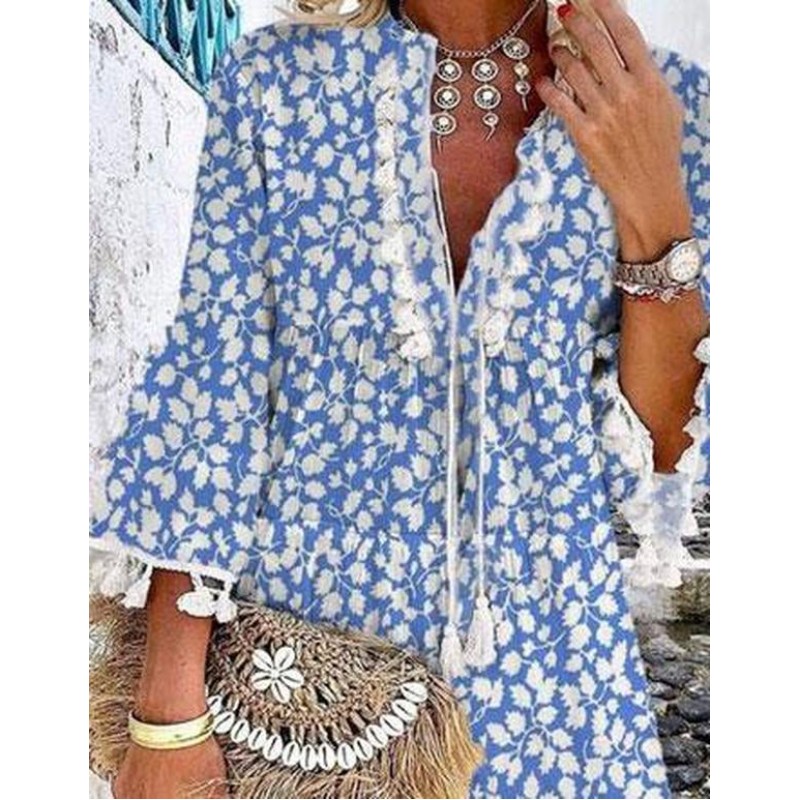 Chic Blue Printed V-Neck Loose Tassel Dress