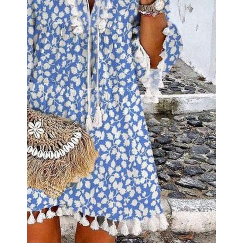 Chic Blue Printed V-Neck Loose Tassel Dress