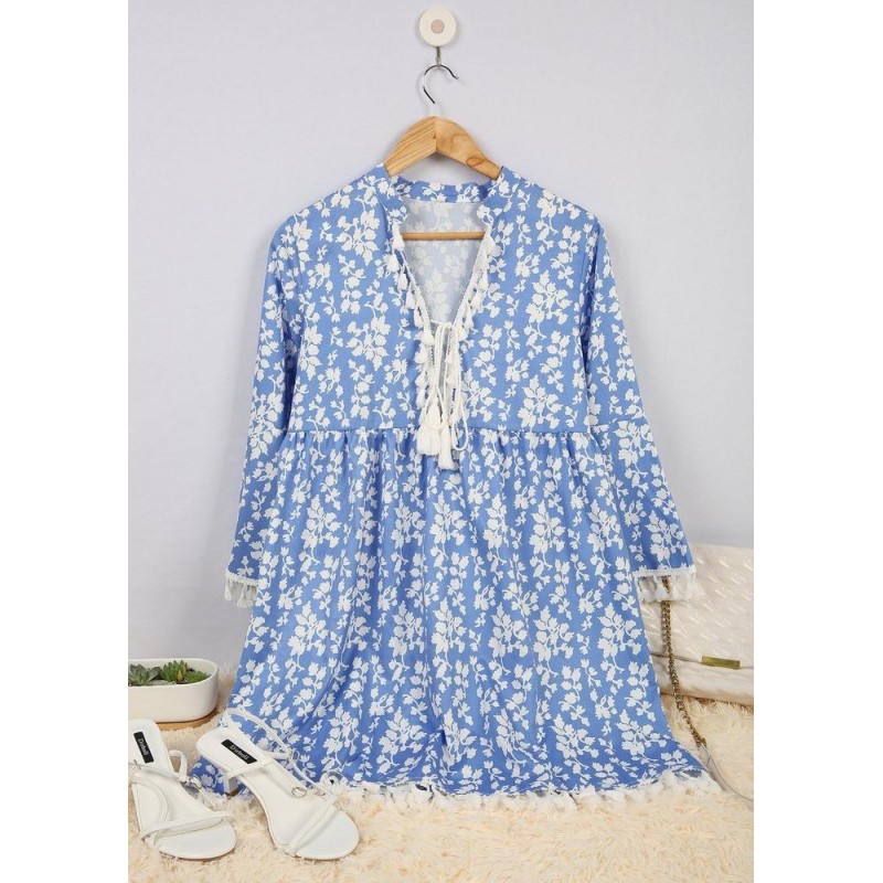 Chic Blue Printed V-Neck Loose Tassel Dress