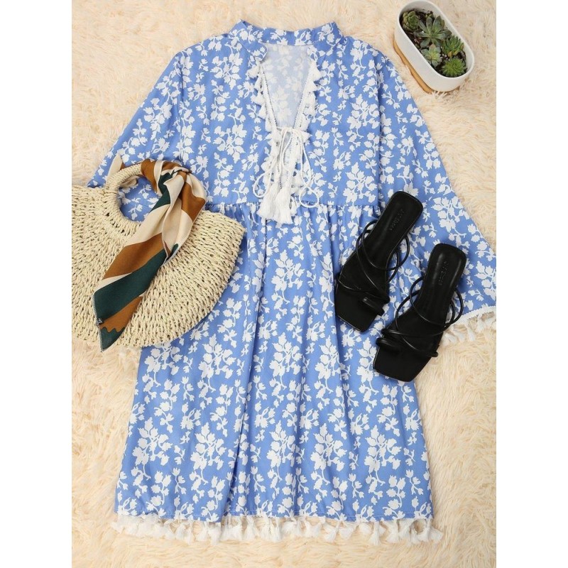 Chic Blue Printed V-Neck Loose Tassel Dress