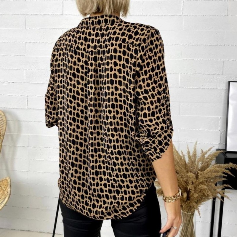 Chic Print V-Neck Roll Up Button Tab 3/4 Sleeve Shirt