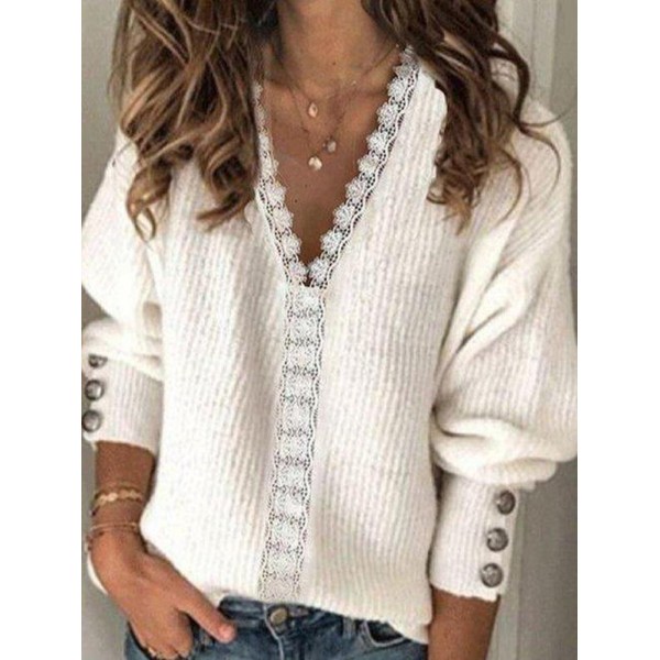 Chic V-Neck Plain Long Sleeve Sweater