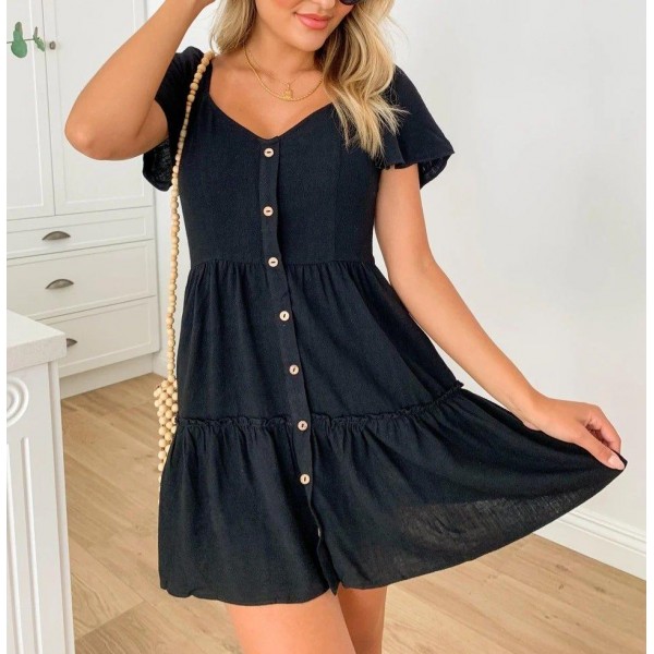 Classy Black Plain Button Front Closure V-Neck Short Sleeve Mini Dress