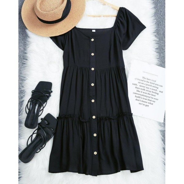 Classy Black Plain Button Front Closure V-Neck Short Sleeve Mini Dress