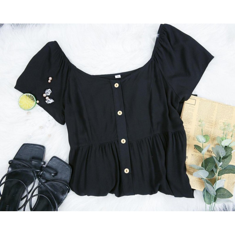 Classy Black Plain Button Front Closure V-Neck Short Sleeve Mini Dress