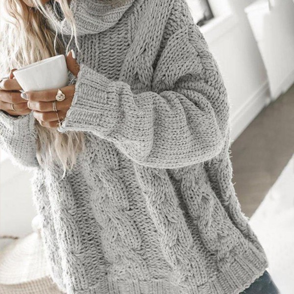 Classy Cable-Knit High Neck Long Sleeve Sweater