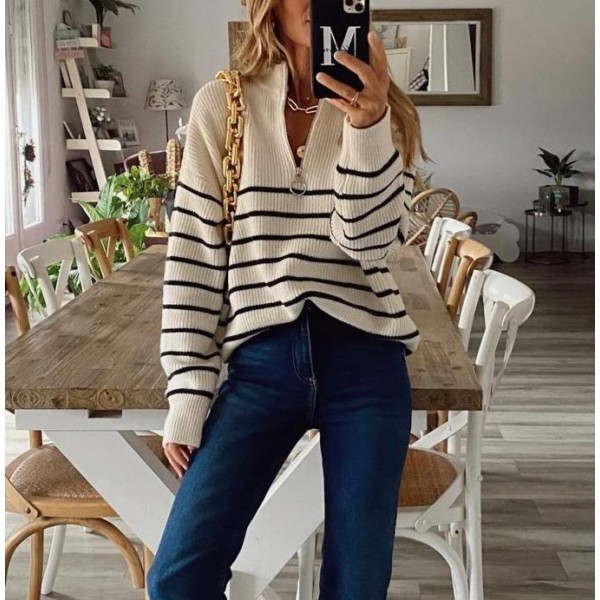 Cool Zipper V-Neck Long Sleeve Striped Sweater