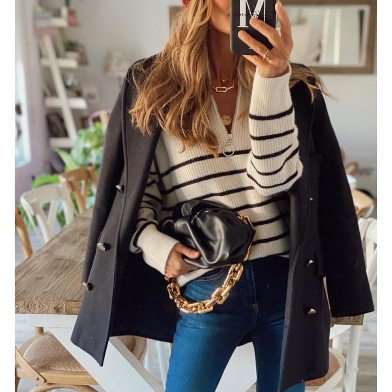 Cool Zipper V-Neck Long Sleeve Striped Sweater