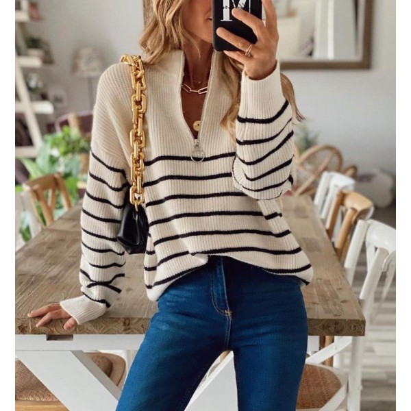 Cool Zipper V-Neck Long Sleeve Striped Sweater