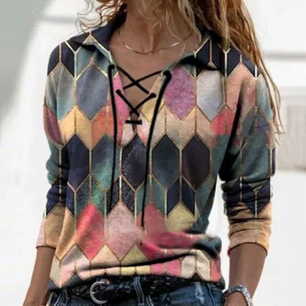 Distinctive Front Tied V Neckline Argyle Print Long Sleeve Top