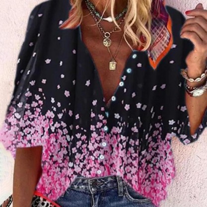 Elegant Floral Print 3/4 Sleeve Black Shirt