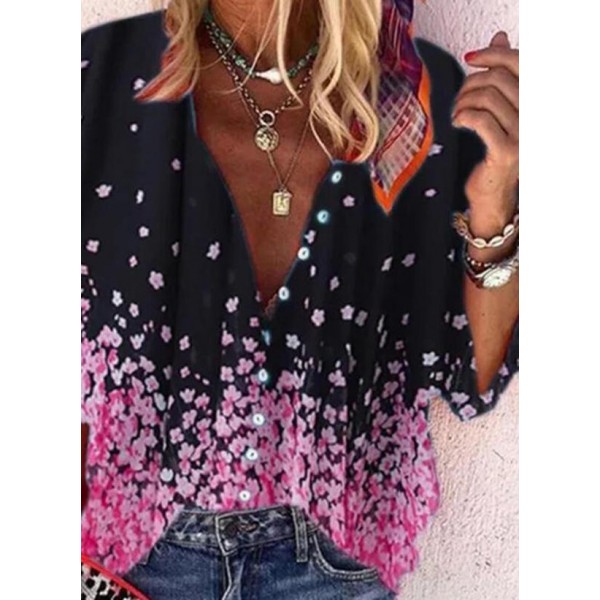 Elegant Floral Print 3/4 Sleeve Black Shirt