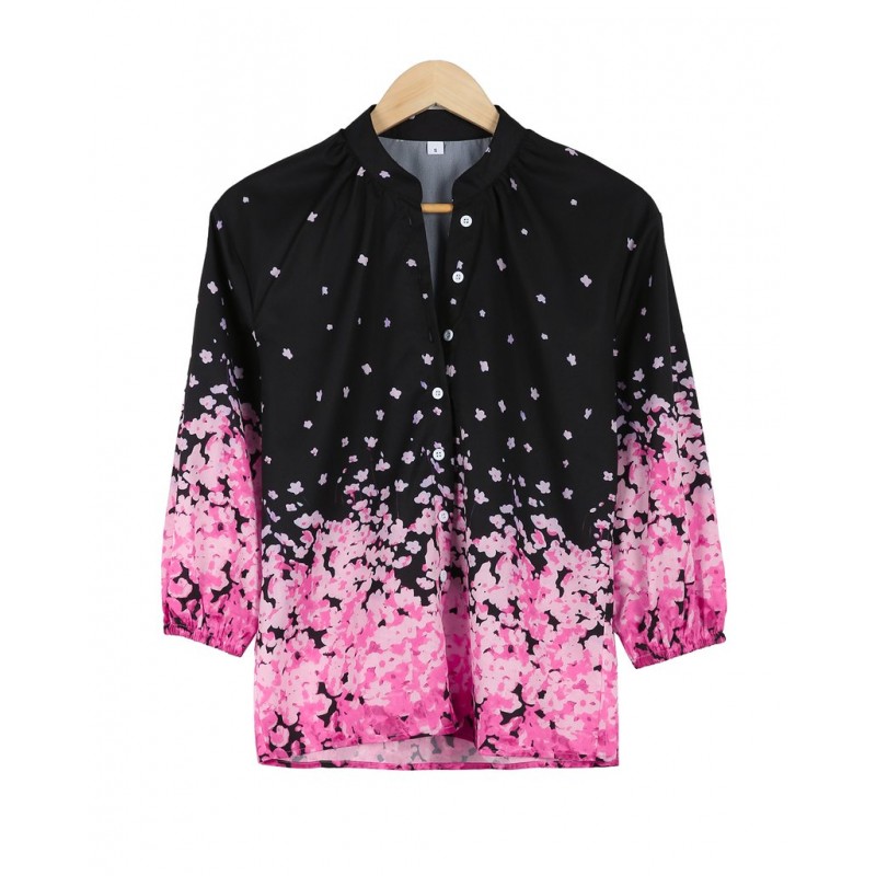 Elegant Floral Print 3/4 Sleeve Black Shirt