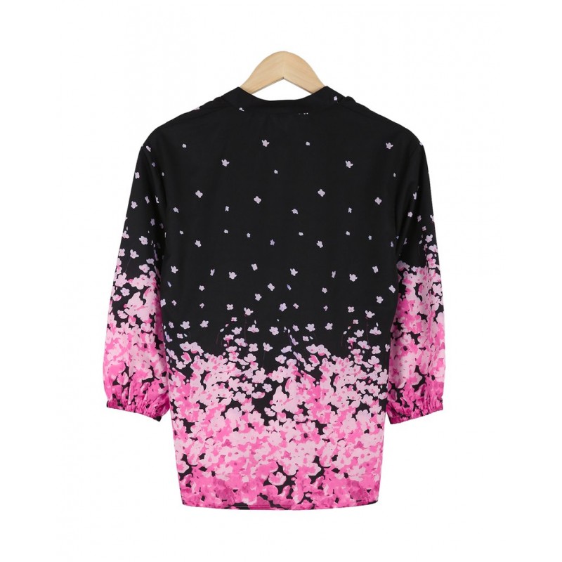 Elegant Floral Print 3/4 Sleeve Black Shirt