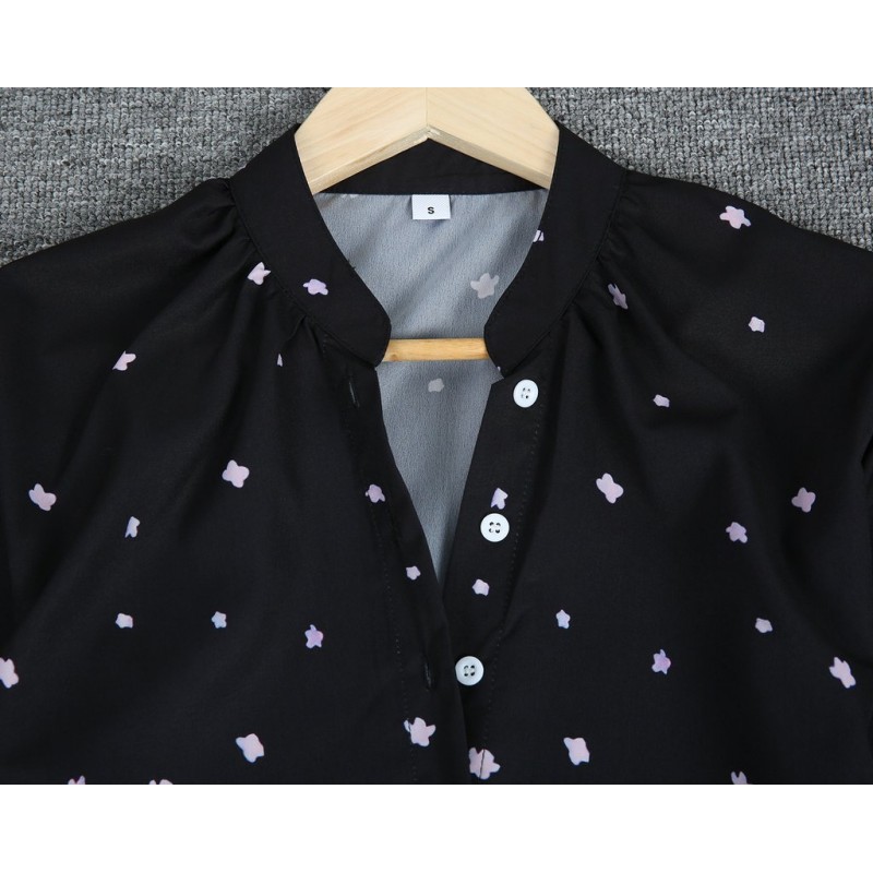 Elegant Floral Print 3/4 Sleeve Black Shirt