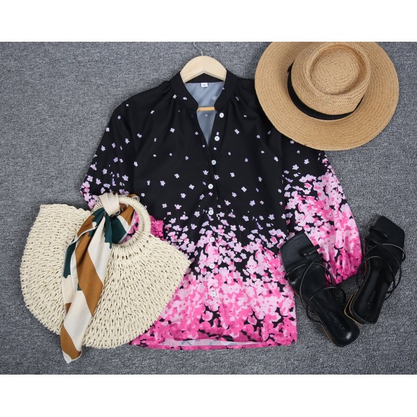 Elegant Floral Print 3/4 Sleeve Black Shirt