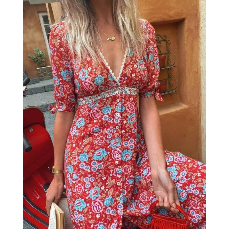 Elegant Floral Print Empire Waist Short Sleeve Midi Dress