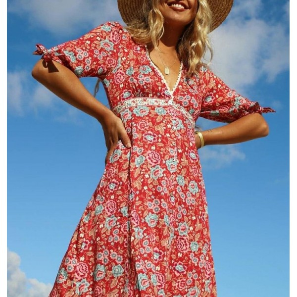 Elegant Floral Print Empire Waist Short Sleeve Midi Dress