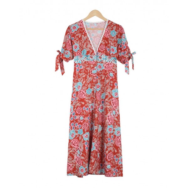 Elegant Floral Print Empire Waist Short Sleeve Midi Dress