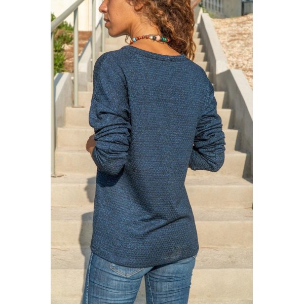 Elegant Navy Blue Plain Long Sleeve Sweater