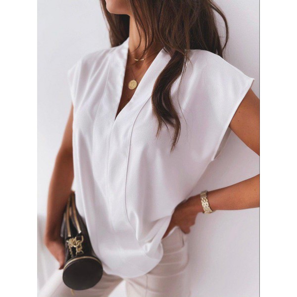 Elegant V-Neck White Plain Blouse