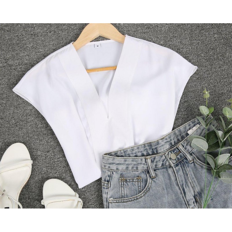 Elegant V-Neck White Plain Blouse