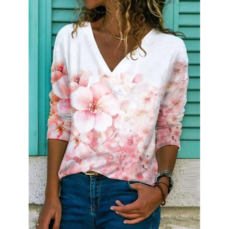 Fresh Pink Floral Print Long Sleeve Top