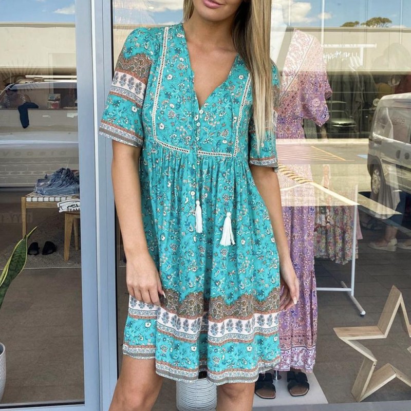 Fresh Print V-Neck Short Sleeve Mini Dress