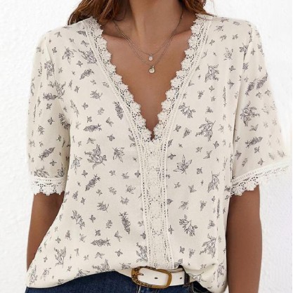 Glamorous V-Neck Short Sleeve Printed Blouse