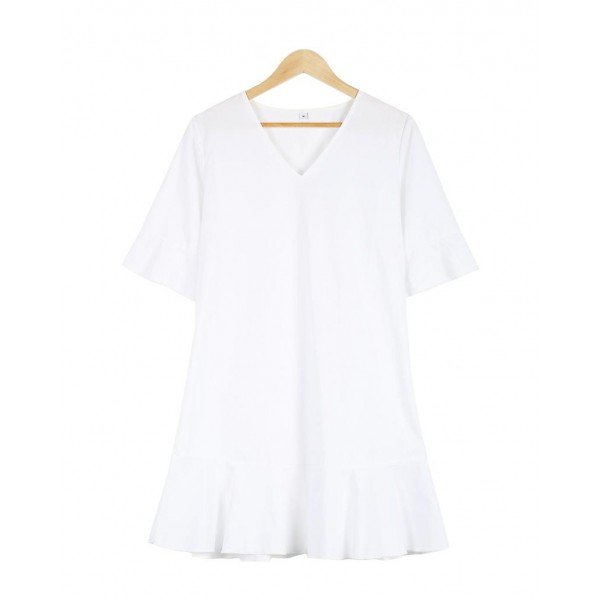 Ladylike White Plain Ruffle Cuff And Hem Short Sleeve Mini Dress