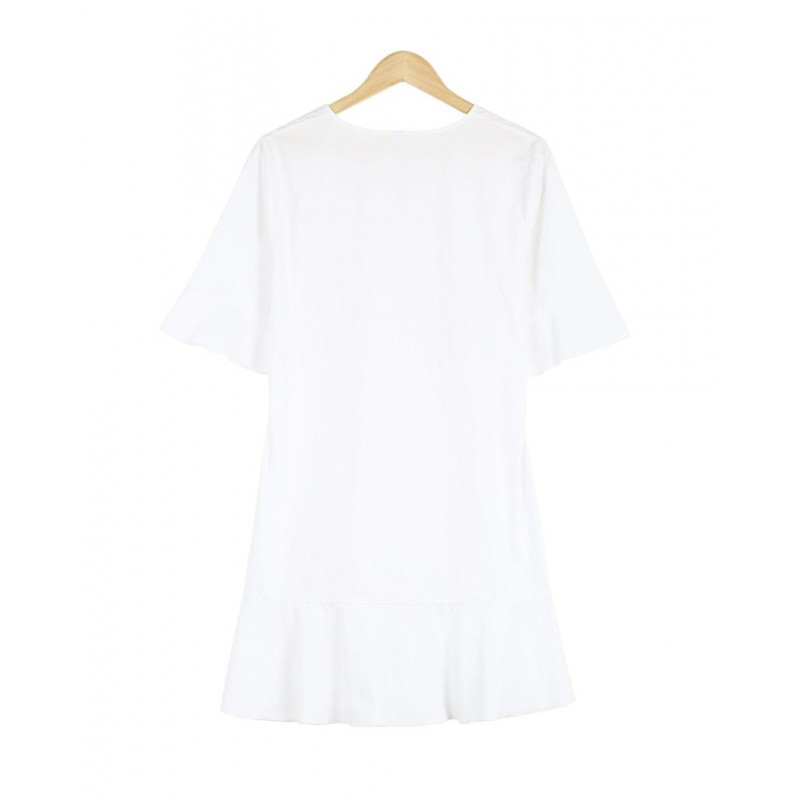 Ladylike White Plain Ruffle Cuff And Hem Short Sleeve Mini Dress