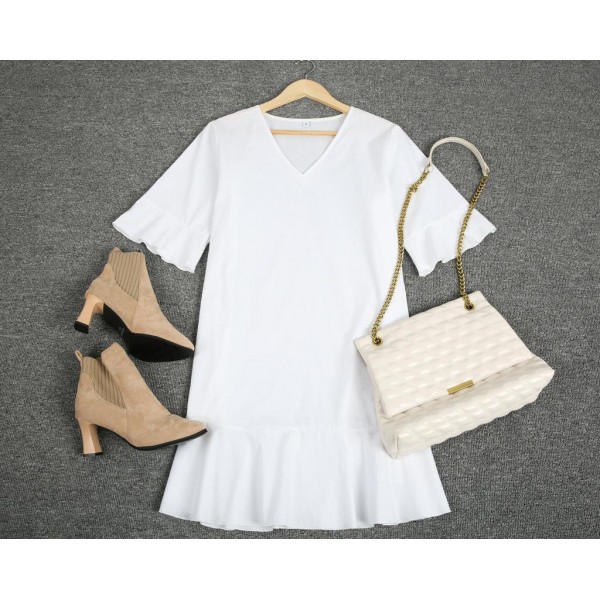 Ladylike White Plain Ruffle Cuff And Hem Short Sleeve Mini Dress